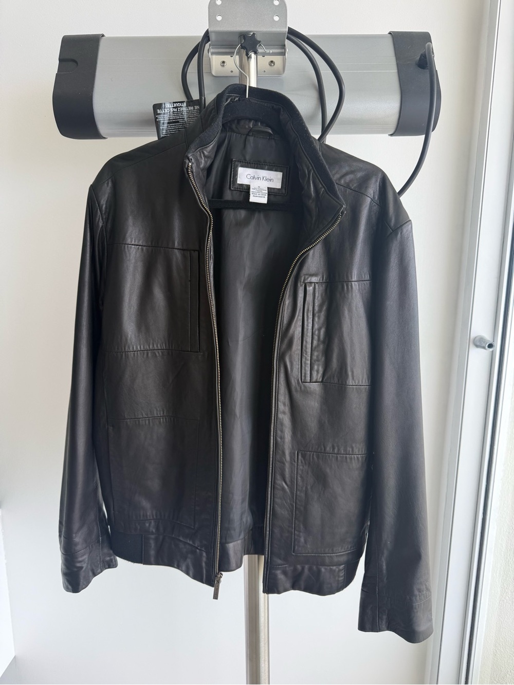 Calvin Klein Black Leather Zip-Front Bomber Jacket